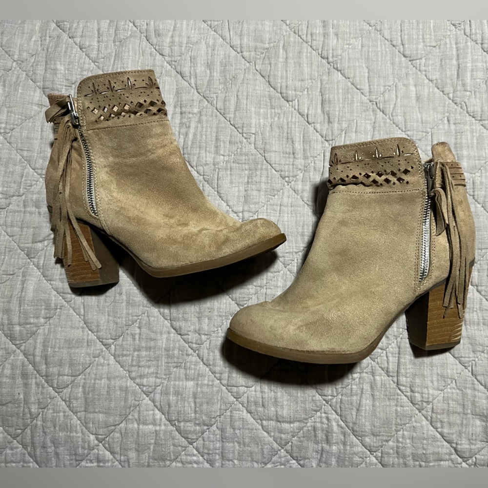 Tan swayed heel booties